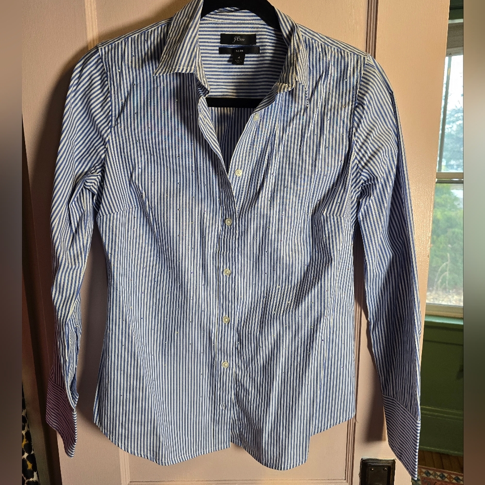 J. Crew Rhinestone Blue Striped Button Down Shirt Size 4